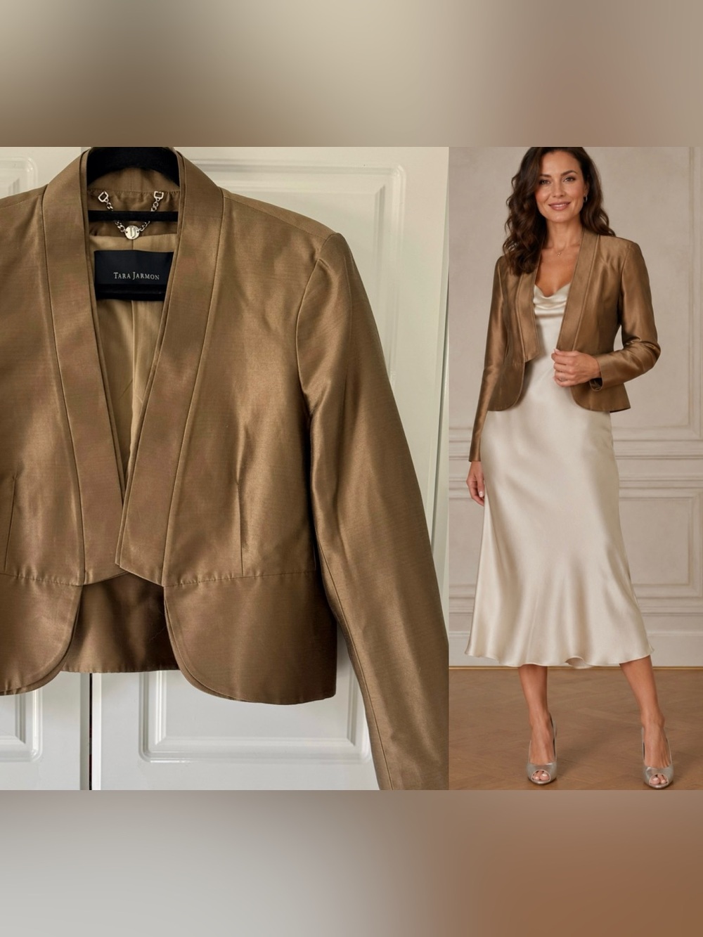 TARA JARMON  Metallic Bronze Silk Open-Front Cropped Blazer